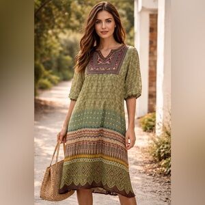 BILA Boho Green Printed Midi Dress | Embroidered Neckline | Size S | 100% Rayon